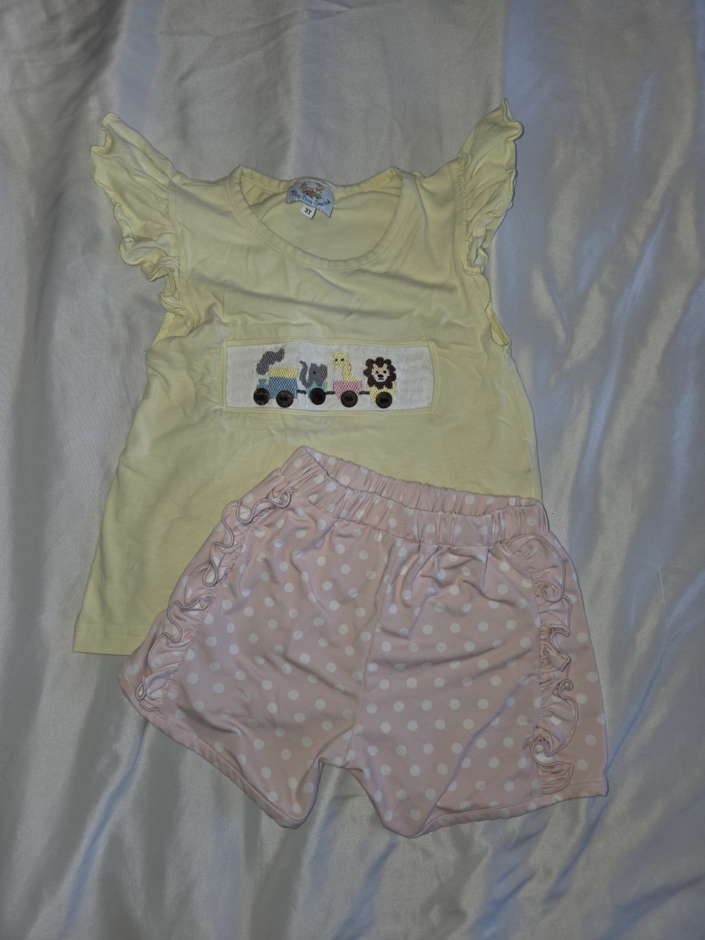 Yellow Ruffled Sleeve Top & Pink Polka Dot Shorts Zoo Train Set